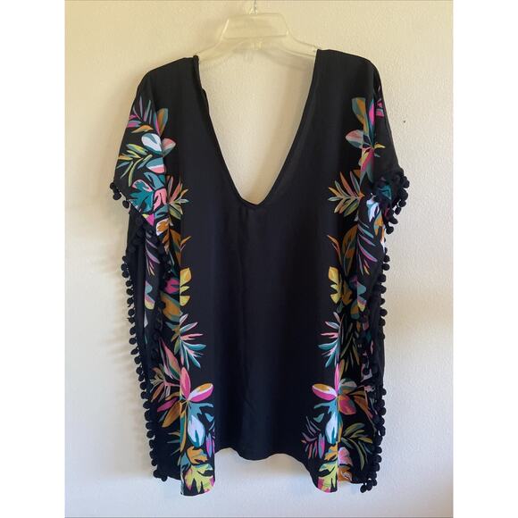Xhilaration Black Colorful Tropical Palm Floral Pom Fringe Swim Coverup Womens S - Picture 1 of 6